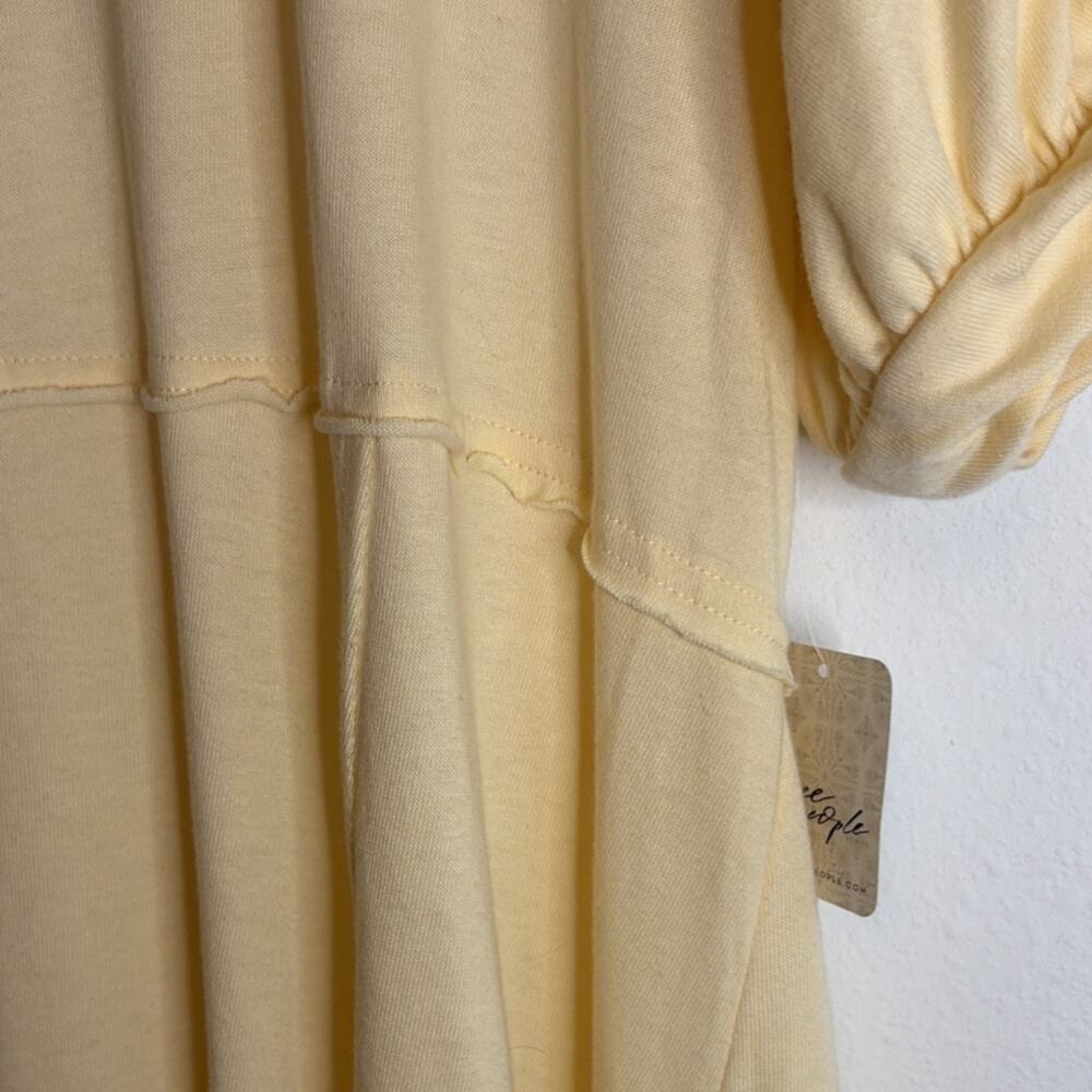 Free people Yellow Knit A-Line Long Dress Puff Short Sleeve Crew Neck Ruffle L-G - Picture 5 of 9